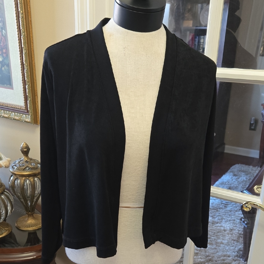 Chico's Elegant Travelers Black Crop Cardigan Jacket Open Front 3/4 Slv L/2 NEW